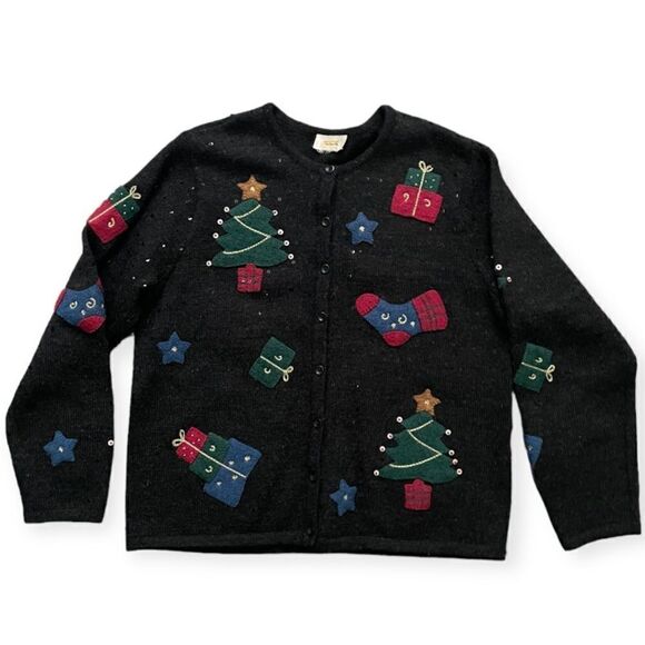 Talbots Christmas Cardigan Sweater 100% Wool Womens Gray Trees Presents Sequin S - Picture 1 of 6